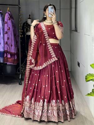 Burgundy Color  Multi Embroidery Thread  Work and Butti All Over NC Vichitraa  Lehenga Fully Stitched Blouse 3