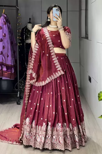Burgundy Color  Multi Embroidery Thread  Work and Butti All Over NC Vichitraa  Lehenga Fully Stitched Blouse