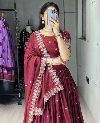 Burgundy Color  Multi Embroidery Thread  Work and Butti All Over NC Vichitraa  Lehenga Fully Stitched Blouse 4