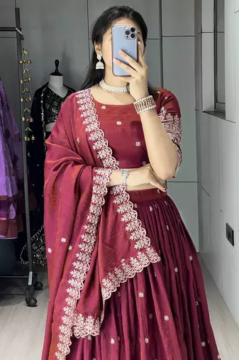 Burgundy Color  Multi Embroidery Thread  Work and Butti All Over NC Vichitraa  Lehenga Fully Stitched Blouse
