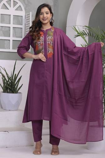 Floral embroidered purple round neck pure cotton kurta with trouser & dupatta set