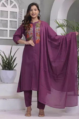 Floral embroidered purple round neck pure cotton kurta with trouser & dupatta set
