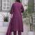 Floral embroidered purple round neck pure cotton kurta with trouser & dupatta set