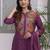 Floral embroidered purple round neck pure cotton kurta with trouser & dupatta set