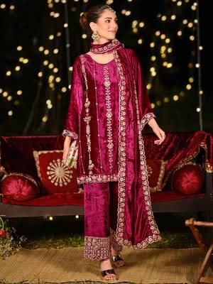  magenta velvet embroidered dress material 1