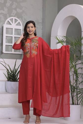 Floral embroidered red round neck pure cotton kurta with trouser & dupatta set