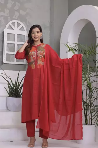 Floral embroidered red round neck pure cotton kurta with trouser & dupatta set