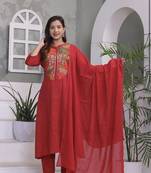 Floral embroidered red round neck pure cotton kurta with trouser & dupatta set