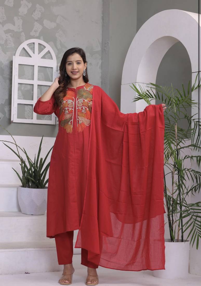 Floral embroidered red round neck pure cotton kurta with trouser & dupatta set