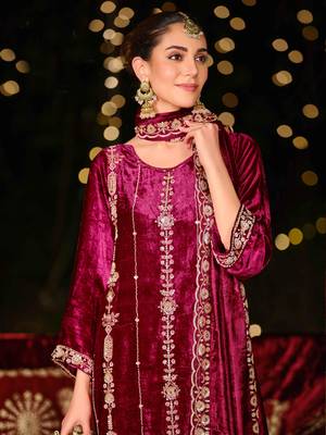  magenta velvet embroidered dress material 2