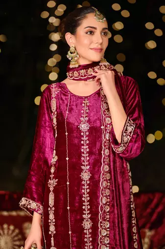  magenta velvet embroidered dress material