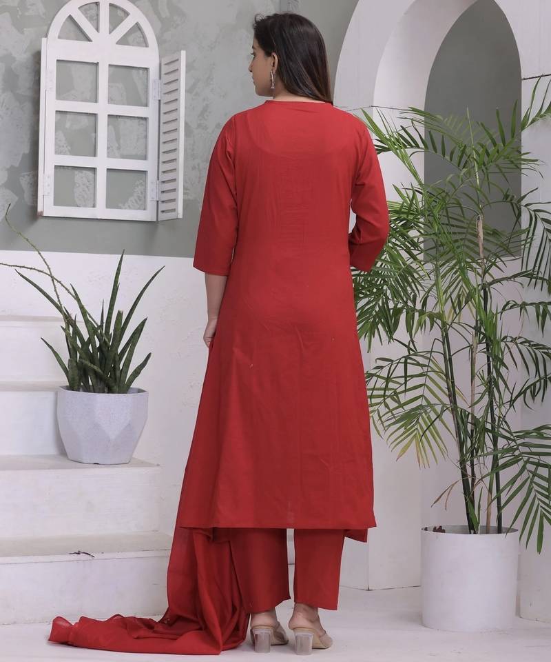 Floral embroidered red round neck pure cotton kurta with trouser & dupatta set