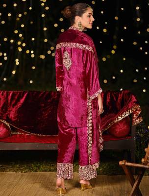  magenta velvet embroidered dress material 3