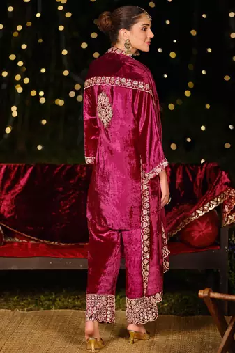  magenta velvet embroidered dress material