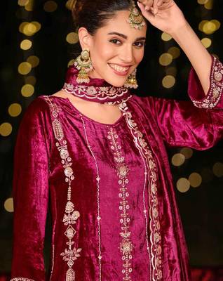  magenta velvet embroidered dress material 4