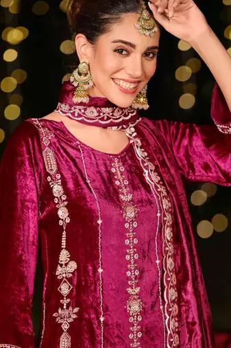  magenta velvet embroidered dress material
