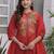 Floral embroidered red round neck pure cotton kurta with trouser & dupatta set