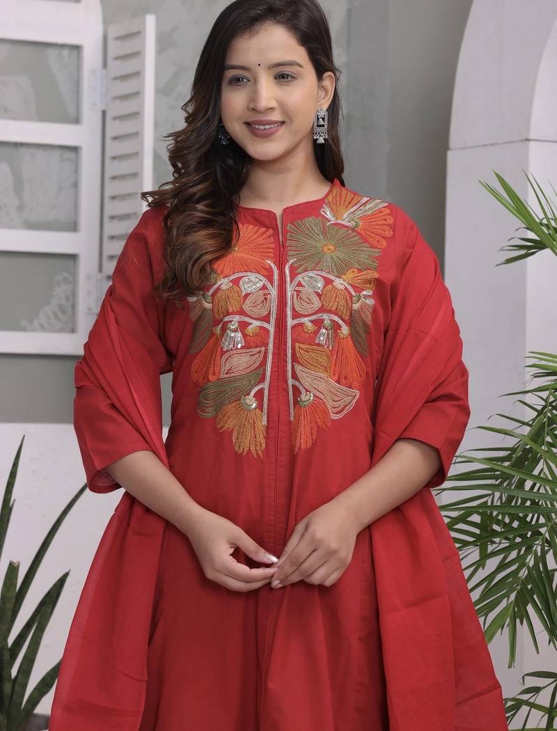 Floral embroidered red round neck pure cotton kurta with trouser & dupatta set