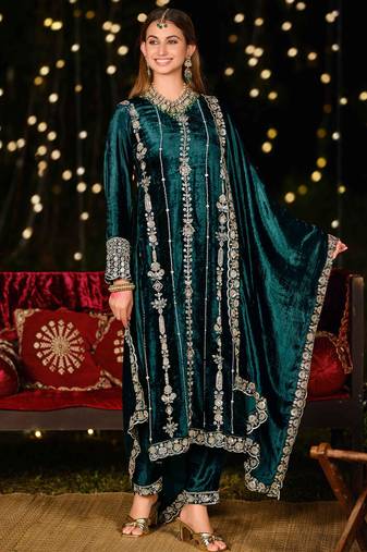 Stylee lifestyle teal velvet embroidered dress material