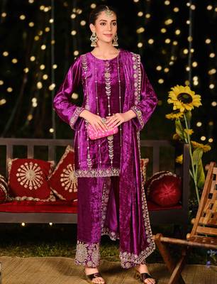purple velvet embroidered dress material 1