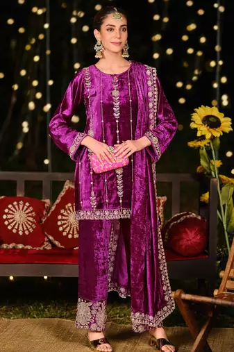 Stylee lifestyle purple velvet embroidered dress material