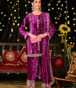 purple velvet embroidered dress material