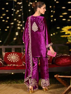 purple velvet embroidered dress material 2