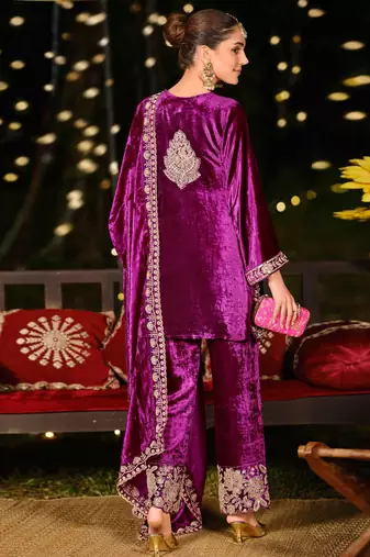 purple velvet embroidered dress material