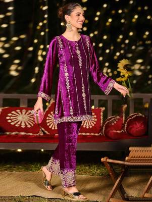 purple velvet embroidered dress material 3