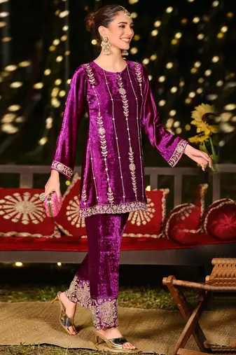 purple velvet embroidered dress material