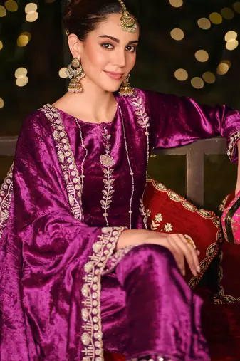 purple velvet embroidered dress material