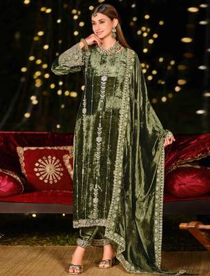 Stylee lifestyle olive velvet embroidered dress material 1