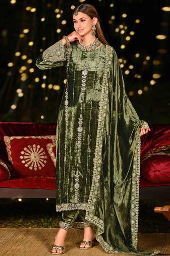 Stylee lifestyle olive velvet embroidered dress material