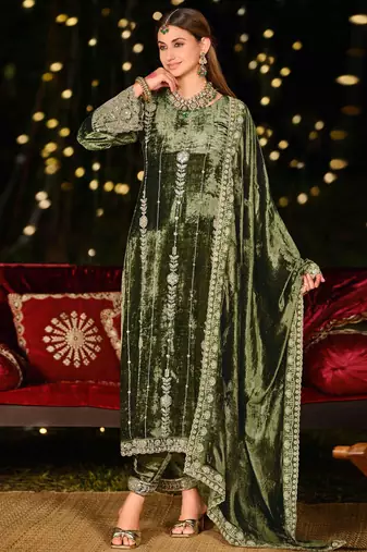 Stylee lifestyle olive velvet embroidered dress material