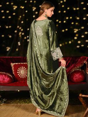 Stylee lifestyle olive velvet embroidered dress material 2