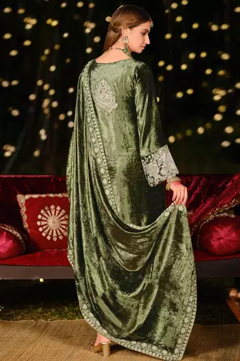 Stylee lifestyle olive velvet embroidered dress material