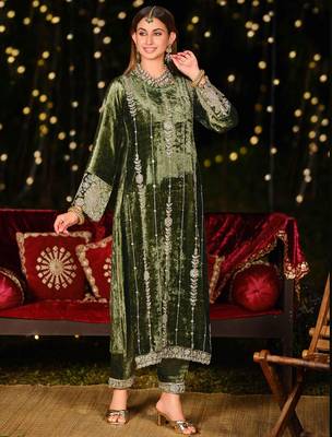 Stylee lifestyle olive velvet embroidered dress material 3
