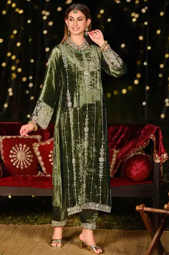 Stylee lifestyle olive velvet embroidered dress material