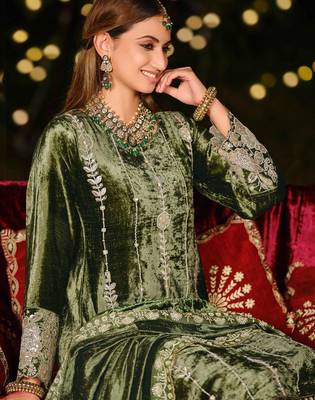 Stylee lifestyle olive velvet embroidered dress material 4