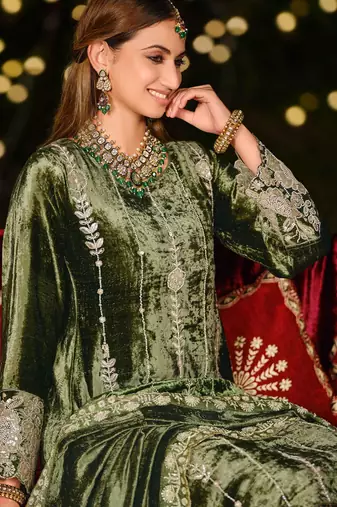 Stylee lifestyle olive velvet embroidered dress material
