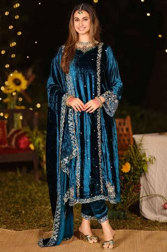 Stylee lifestyle navy blue velvet embroidered dress material