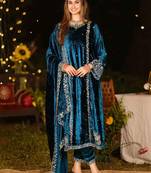 Stylee lifestyle navy blue velvet embroidered dress material