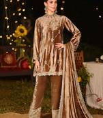 Stylee lifestyle brown velvet embroidered dress material