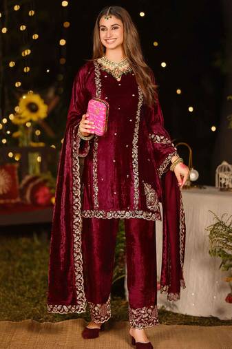 Stylee lifestyle maroon velvet embroidered dress material