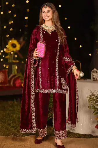 maroon velvet embroidered dress material