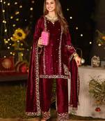 maroon velvet embroidered dress material