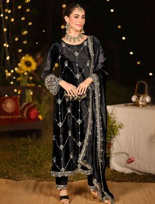 black velvet embroidered dress material 1