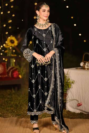Stylee lifestyle black velvet embroidered dress material