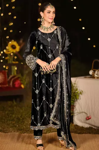 Stylee lifestyle black velvet embroidered dress material