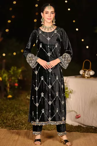 black velvet embroidered dress material